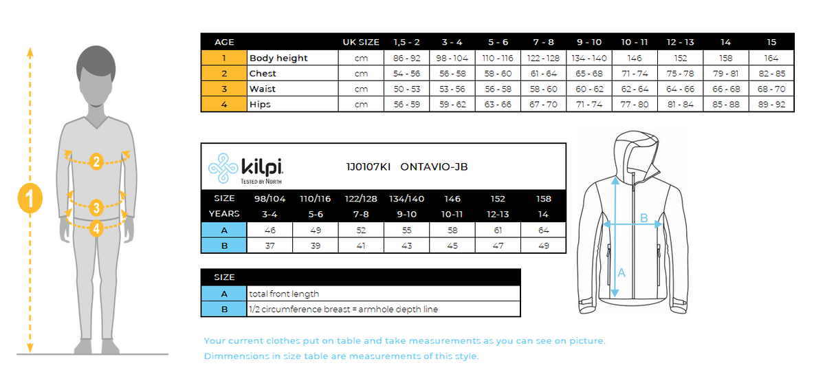 Boy's softshell jacket Kilpi ONTAVIO-JB – Size chart