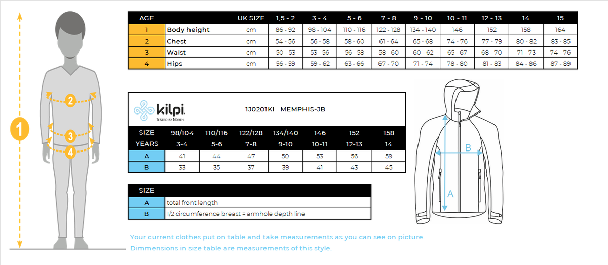 Boy's functional sweatshirt Kilpi MEMPHIS-JB – Size chart