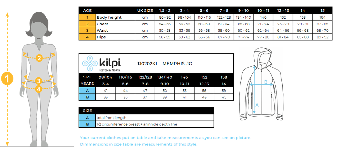 Girl's functional sweatshirt Kilpi MEMPHIS-JG – Size chart