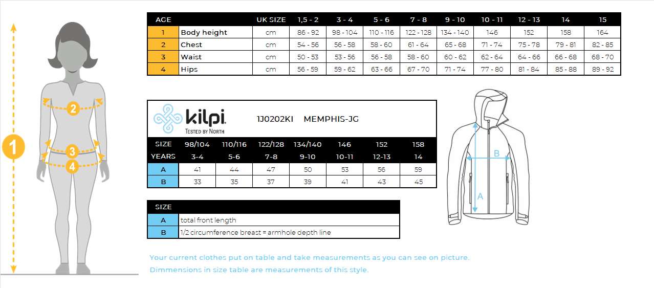 Girl's functional sweatshirt Kilpi MEMPHIS-JG – Size chart