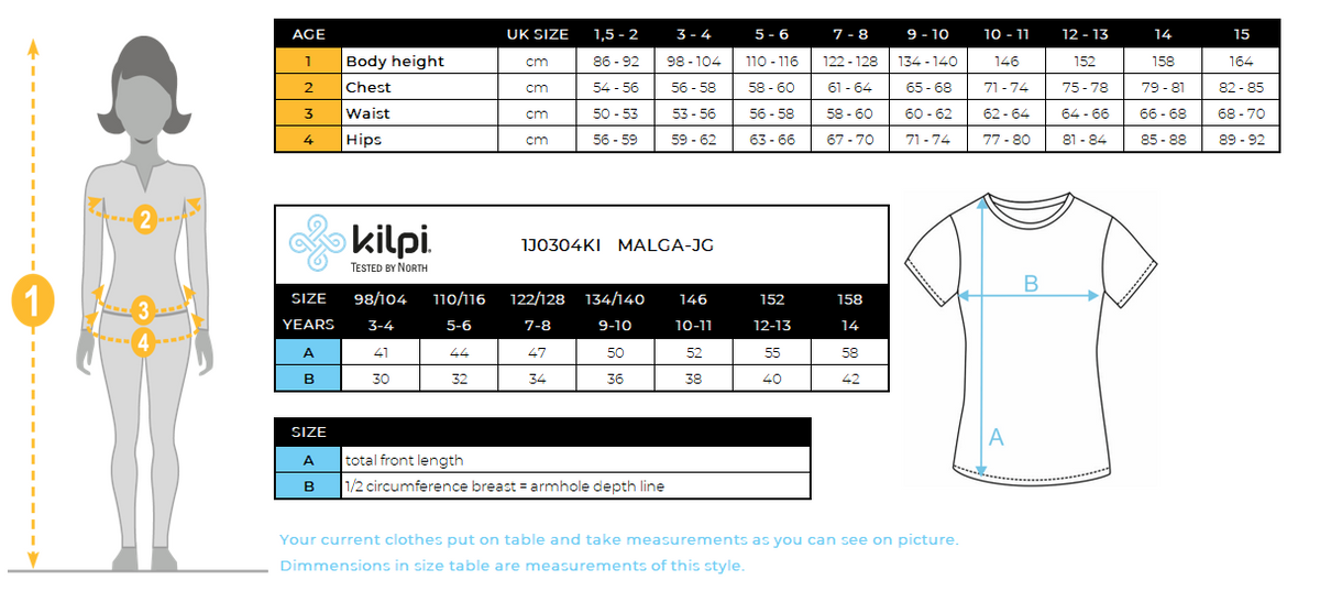 Girl's cotton T-shirt Kilpi MALGA-JG – Size chart
