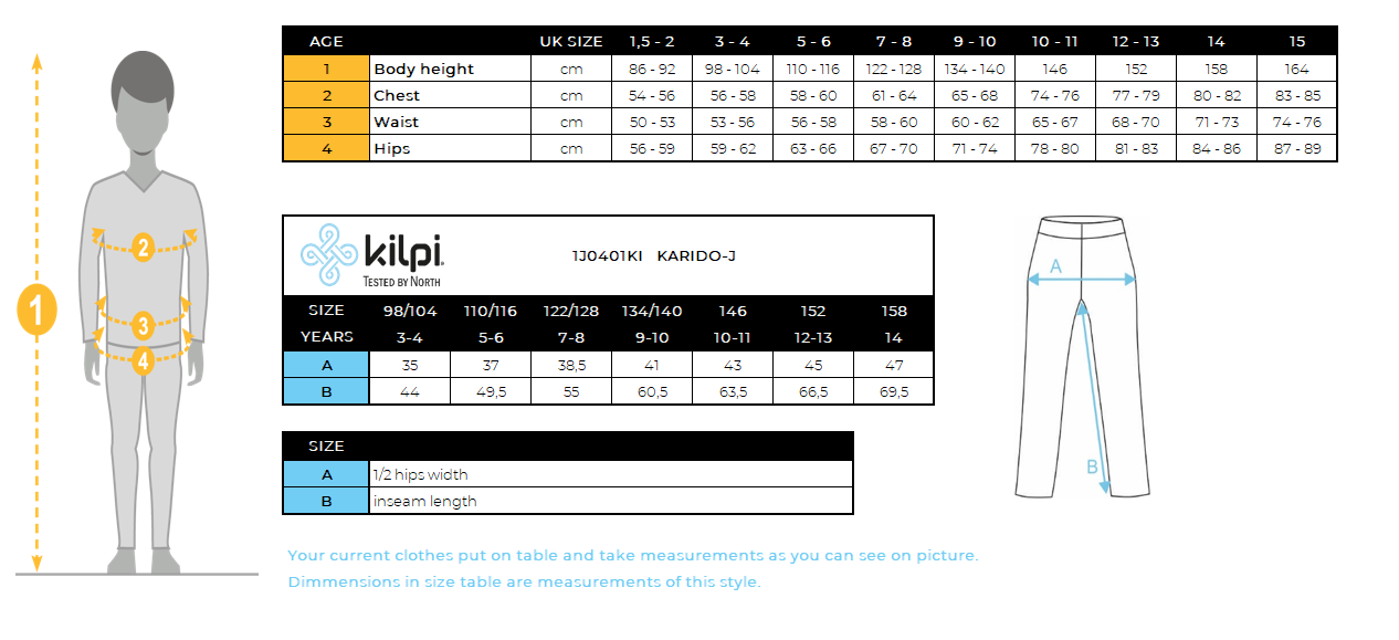 Kid's outdoor pants Kilpi KARIDO-J – Size chart