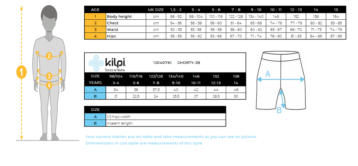 Boy's sweatshorts Kilpi SHORTY-JB – Size chart