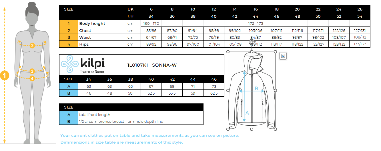 Women's outdoor jacket Kilpi SONNA-W – Size chart