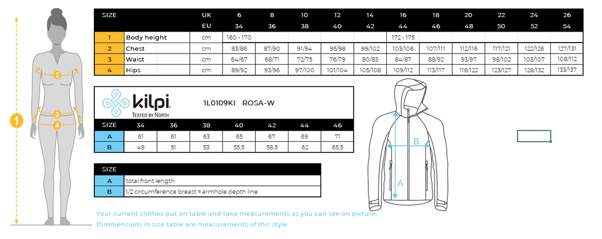 Women's light windproof jacket Kilpi ROSA-W – Size chart