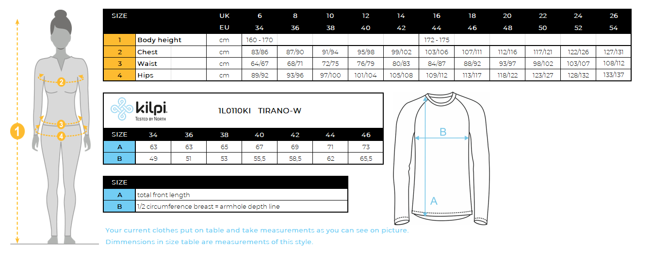 Women's running jacket Kilpi TIRANO-W – Size chart