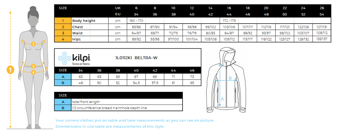 Women's softshell jacket Kilpi BELTRA-W – Size chart