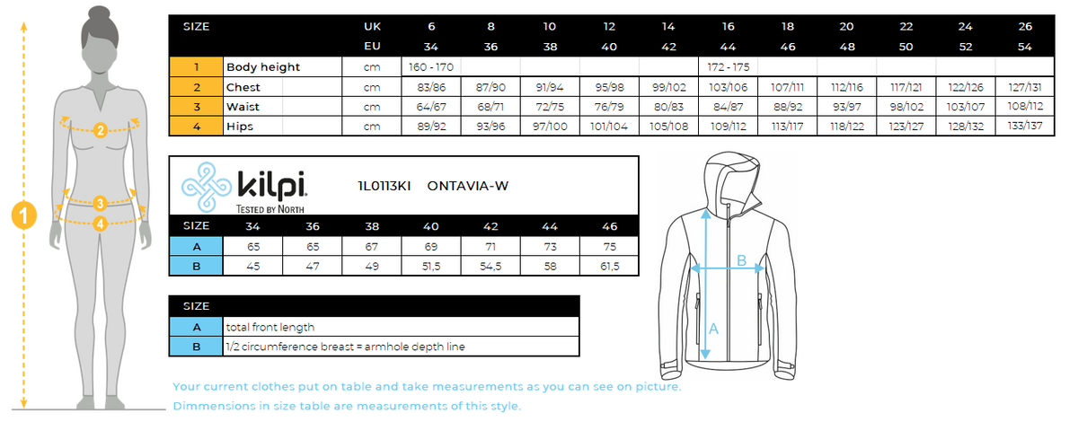 Women's softshell jacket Kilpi ONTAVIA-W – Size chart