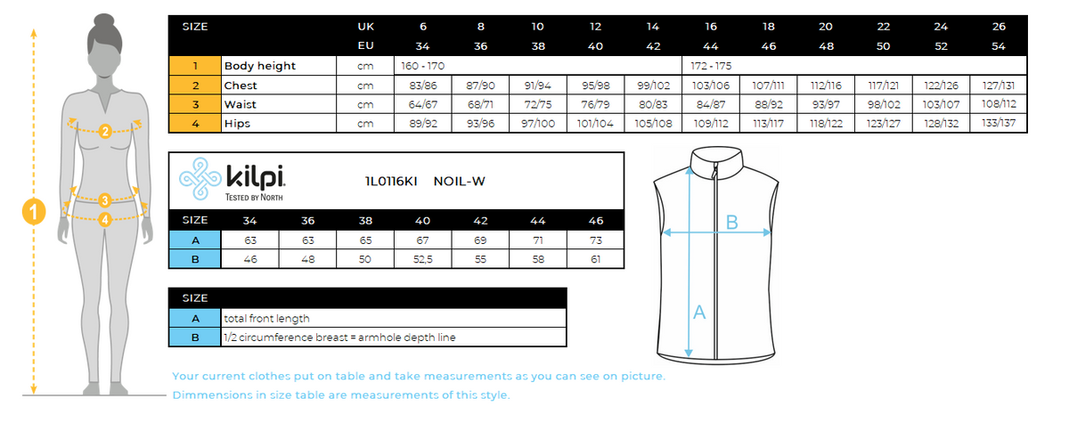 Women's softshell vest Kilpi NOIL-W – Size chart