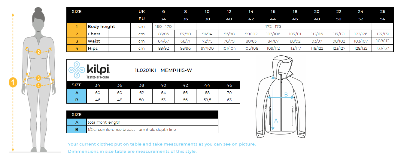 Women's functional sweatshirt Kilpi MEMPHIS-W – Size chart