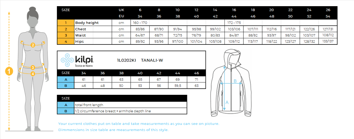 Women's technical sweatshirt Kilpi TANALI-W – Size chart
