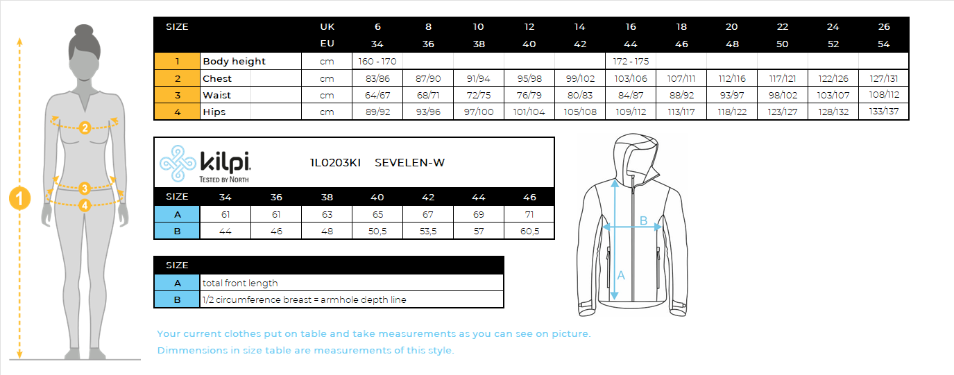 Women's functional sweatshirt Kilpi SEVELEN-W – Size chart