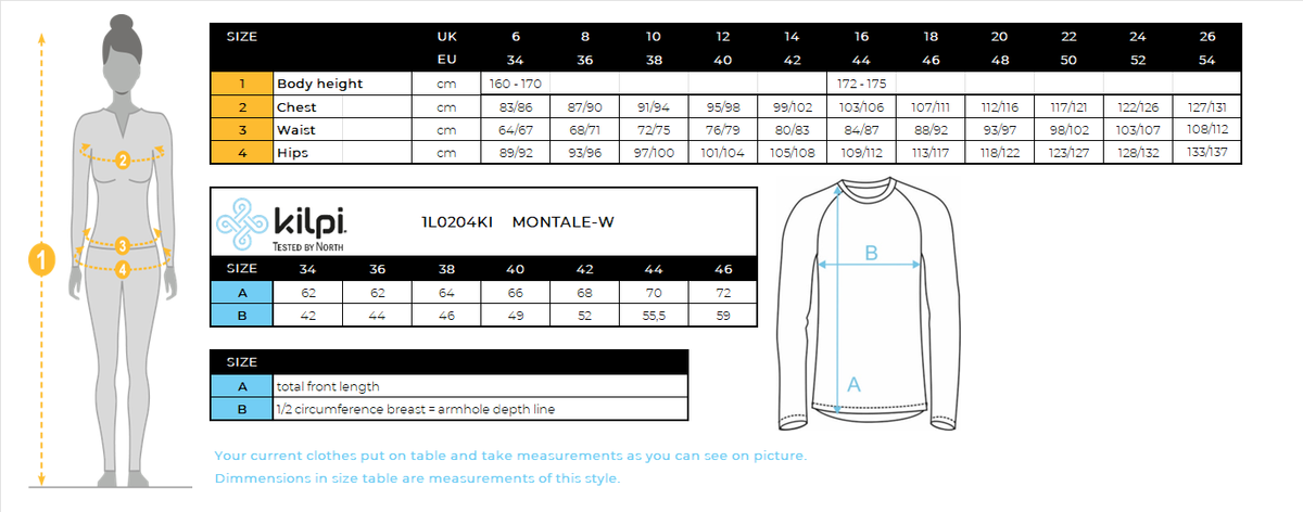 Women's technical sweatshirt Kilpi MONTALE-W – Size chart