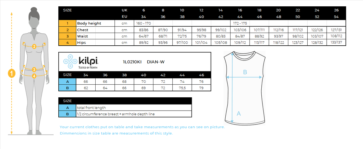 Women's hoodie Kilpi DIAN-W – Size chart
