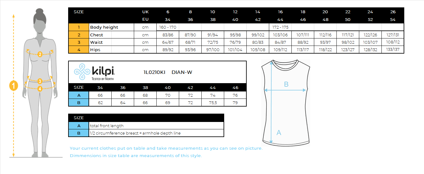 Women's hoodie Kilpi DIAN-W – Size chart