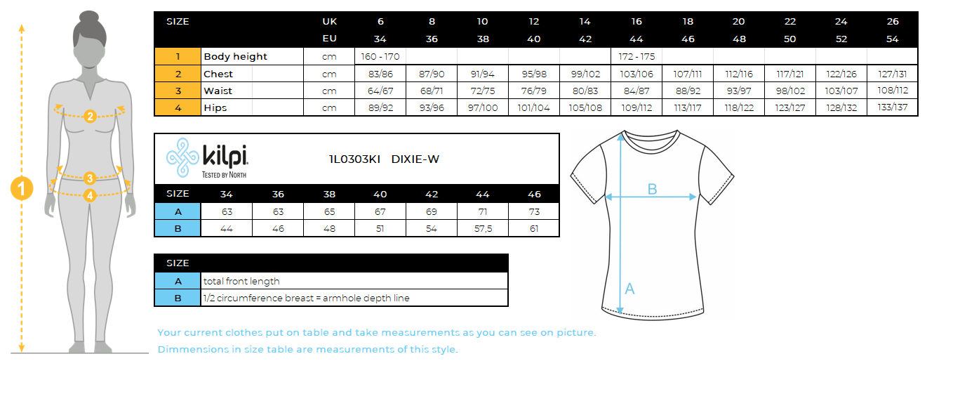 Women's T-shirt Kilpi DIXIE-W – Size chart