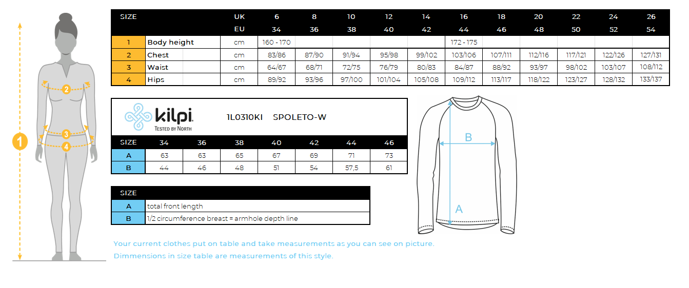 Women's functional long-sleeve T-shirt Kilpi SPOLETO-W – Size chart