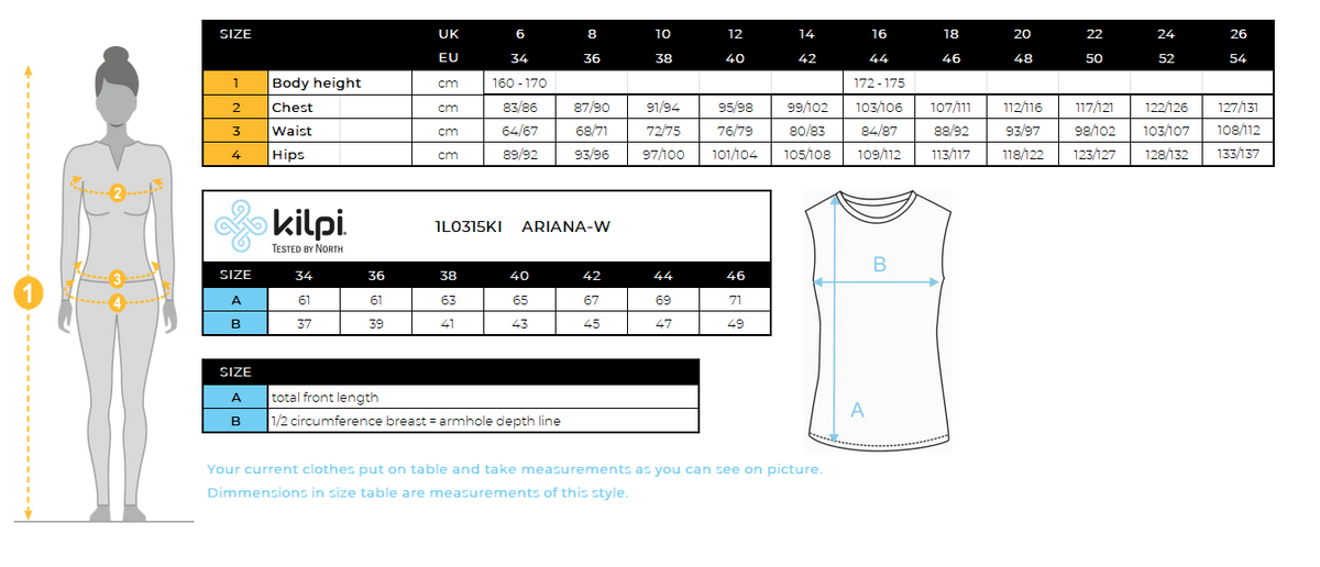 Women's technical top Kilpi ARIANA-W – Size chart