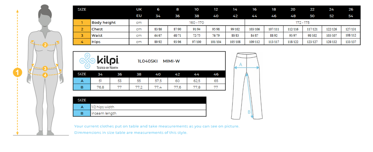 Women's outdoor pants Kilpi MIMI-W – Size chart