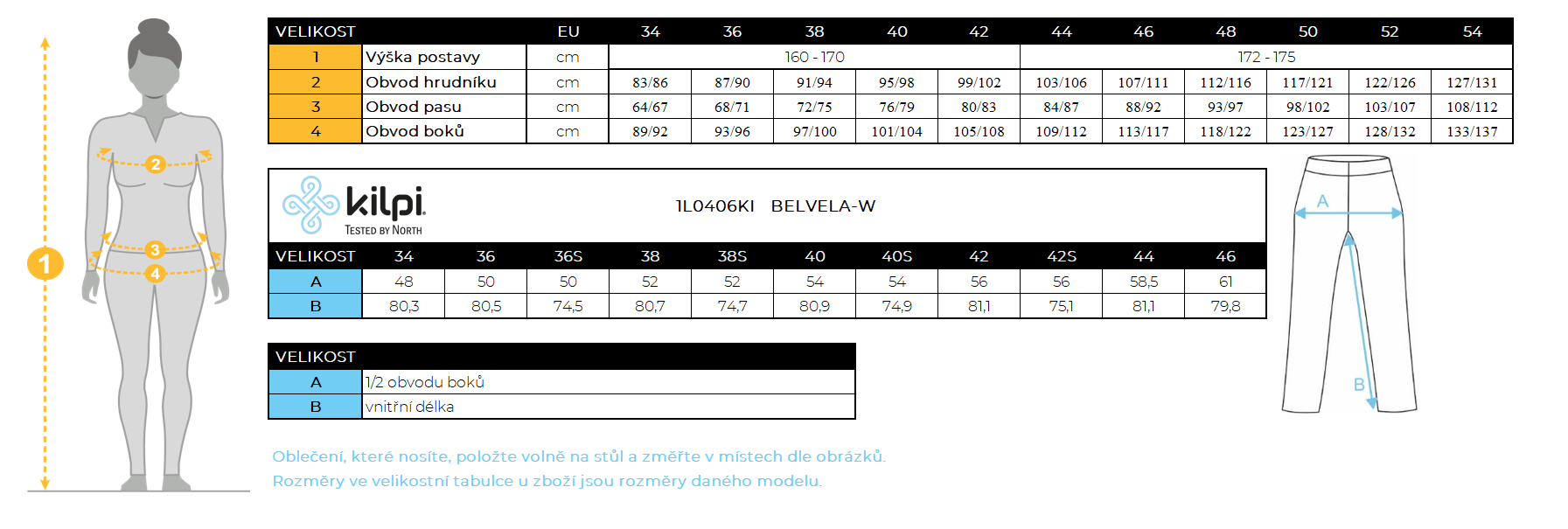 Women's outdoor pants Kilpi BELVELA-W – Size chart