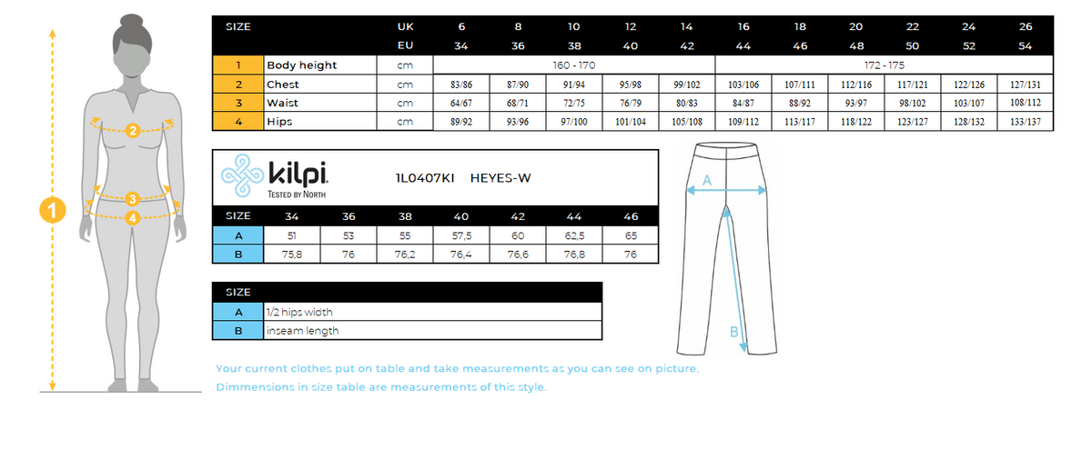 Women's running pants Kilpi HEYES-W – Size chart