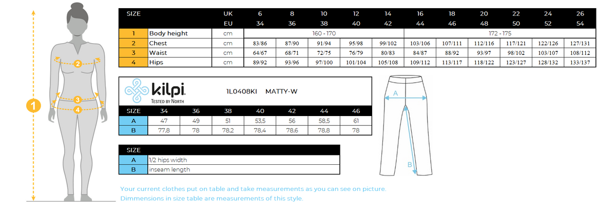 Women's cotton sweatpants Kilpi MATTY-W – Size chart