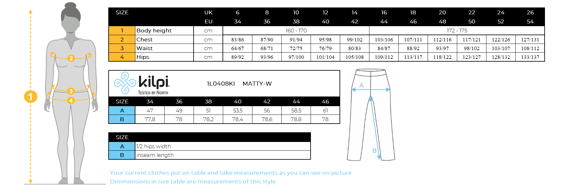 Women's cotton sweatpants Kilpi MATTY-W – Size chart
