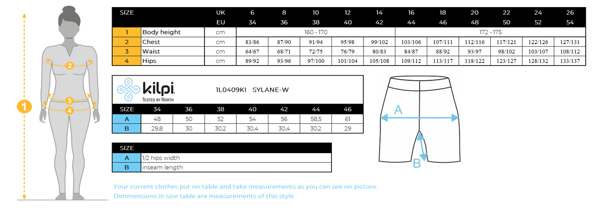 Women's outdoor shorts Kilpi SYLANE-W – Size chart