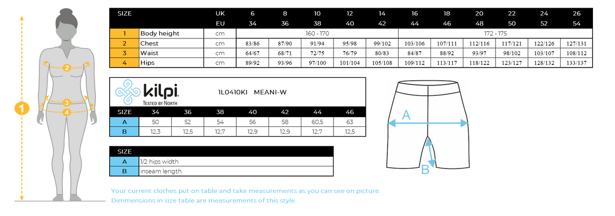 Women's sports and leisure shorts Kilpi MEANI-W – Size chart