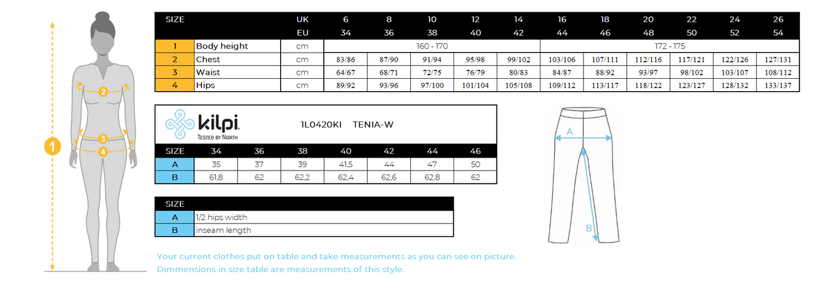 Women's sports leggings Kilpi TENIA-W – Size chart