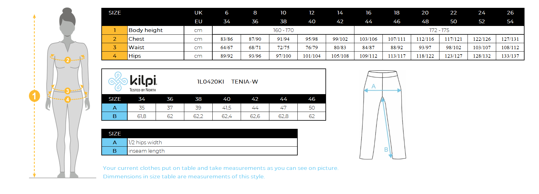 Women's sports leggings Kilpi TENIA-W – Size chart