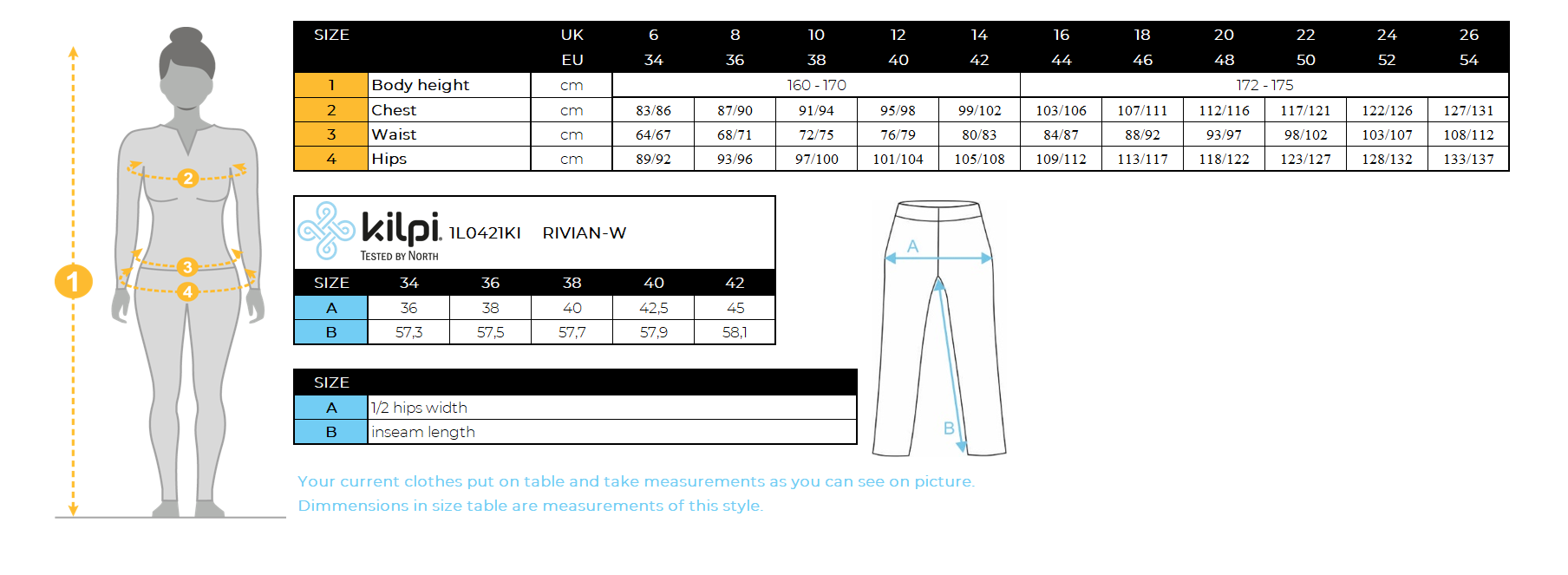Women's fitness leggings Kilpi RIVIAN-W – Size chart