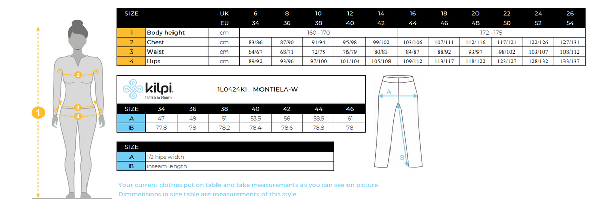 Women's cotton sweatpants Kilpi MONTIELA-W – Size chart
