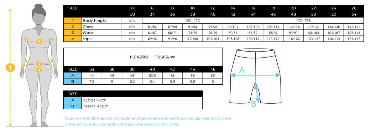 Women's cotton shorts Kilpi TUSCA-W – Size chart