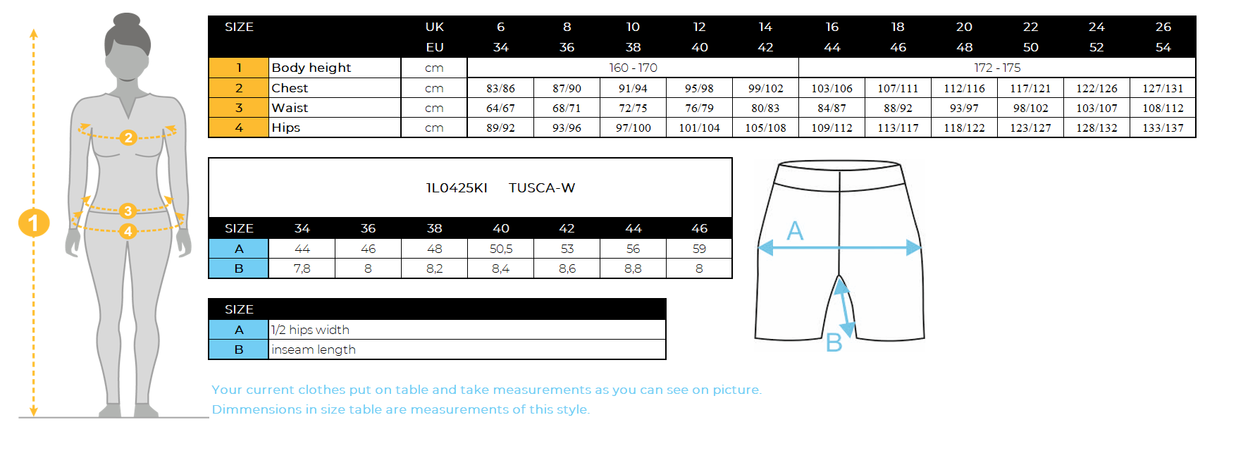 Women's cotton shorts Kilpi TUSCA-W – Size chart