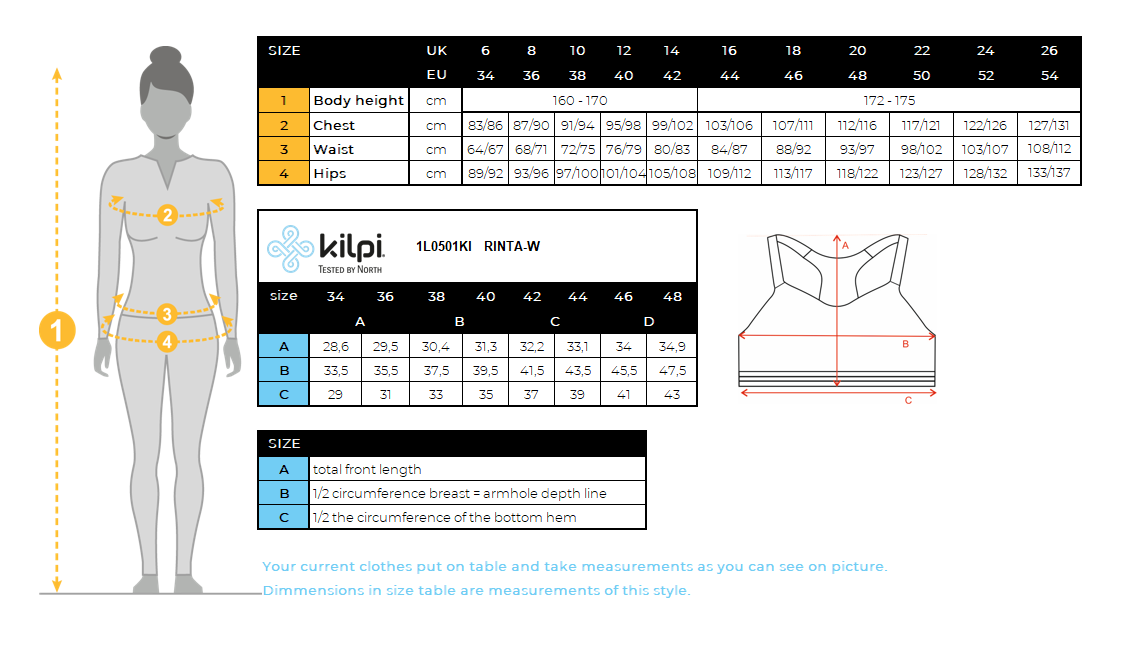 Women's sports bra Kilpi RINTA-W – Size chart