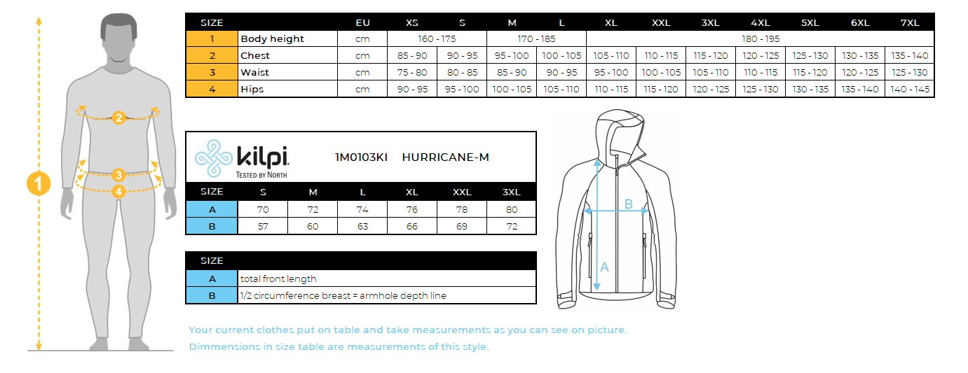 Men's waterproof jacket Kilpi HURRICANE-M – Size chart