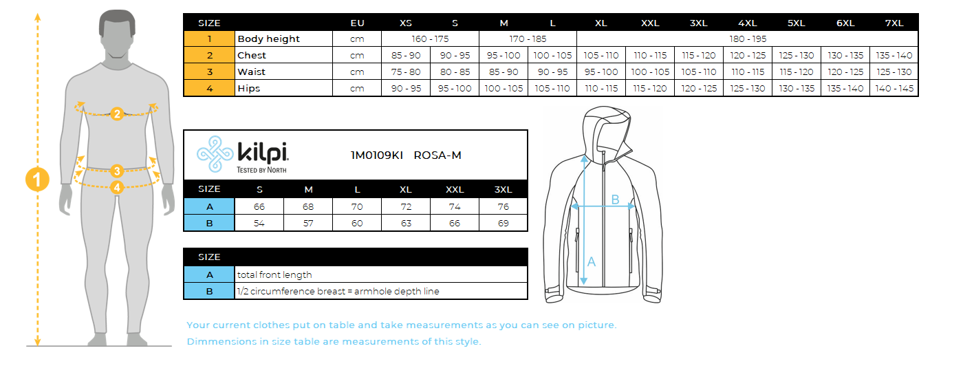 Men's light windproof jacket Kilpi ROSA-M – Size chart