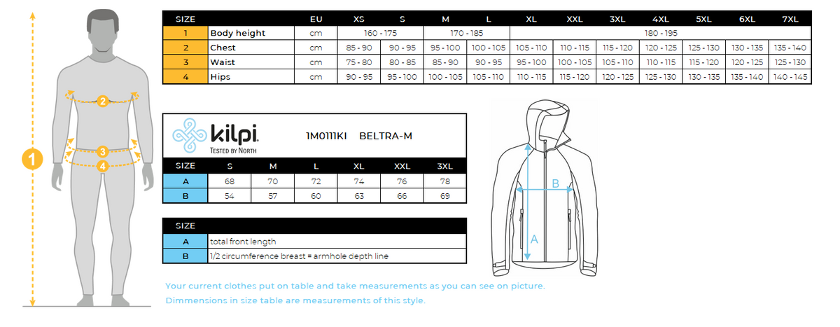 Men's softshell jacket Kilpi BELTRA-M – Size chart