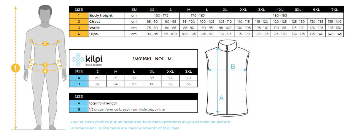 Men's softshell vest Kilpi NOIL-M – Size chart