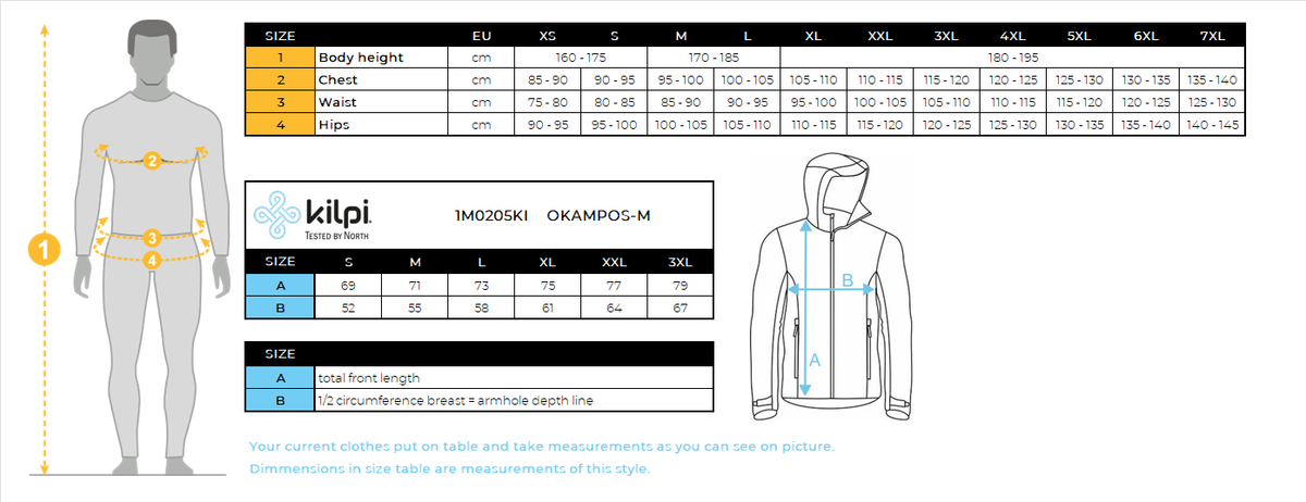 Cotton hoodie for active style Kilpi OKAMPOS-M – Size chart