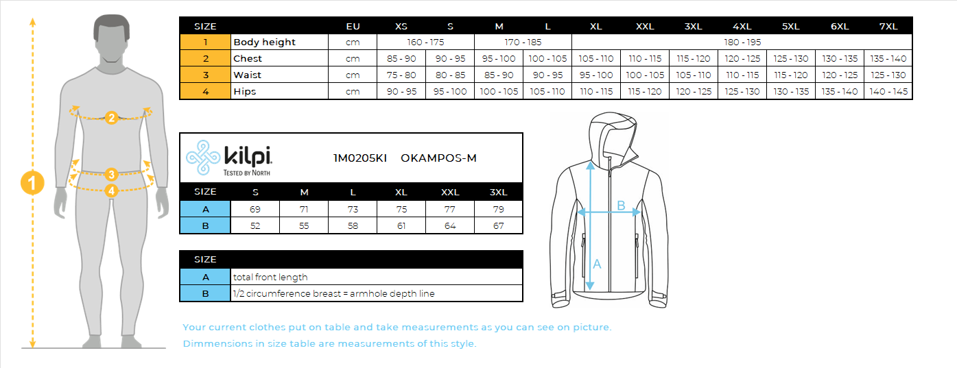Cotton hoodie for active style Kilpi OKAMPOS-M – Size chart