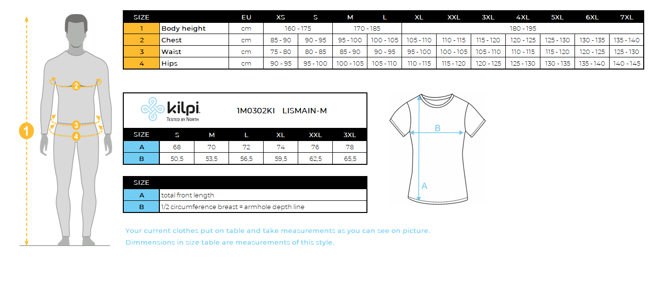 Men's outdoor T-shirt Kilpi LISMAIN-M – Size chart