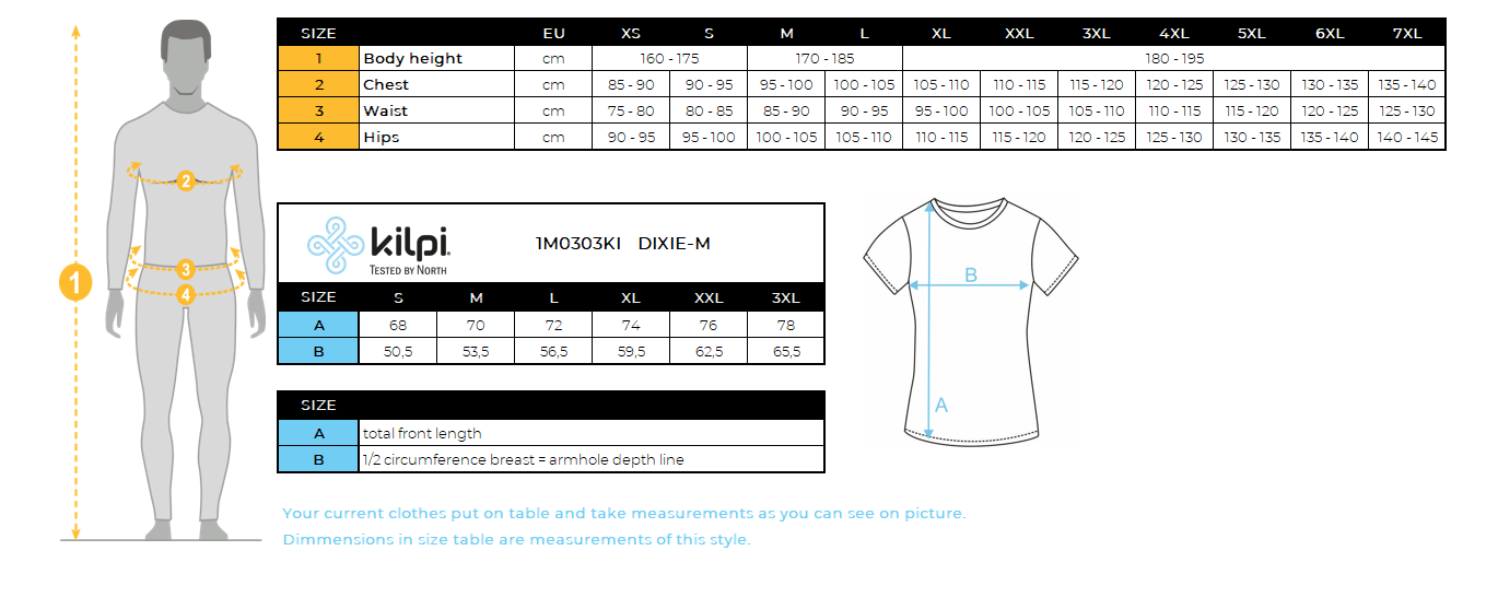 Men's functional T-shirt Kilpi DIXIE-M – Size chart