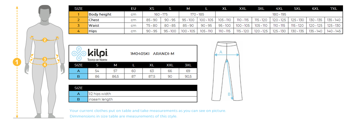 Men's outdoor pants Kilpi ARANDI-M – Size chart