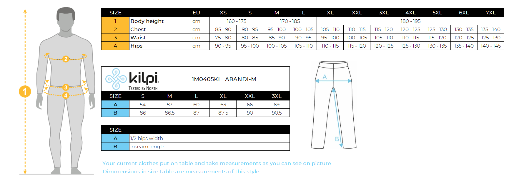 Men's outdoor pants Kilpi ARANDI-M – Size chart