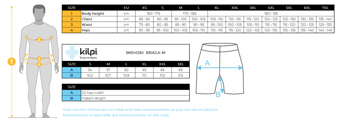 Men's running shorts for comfort and performance Kilpi BRAGA-M – Size chart