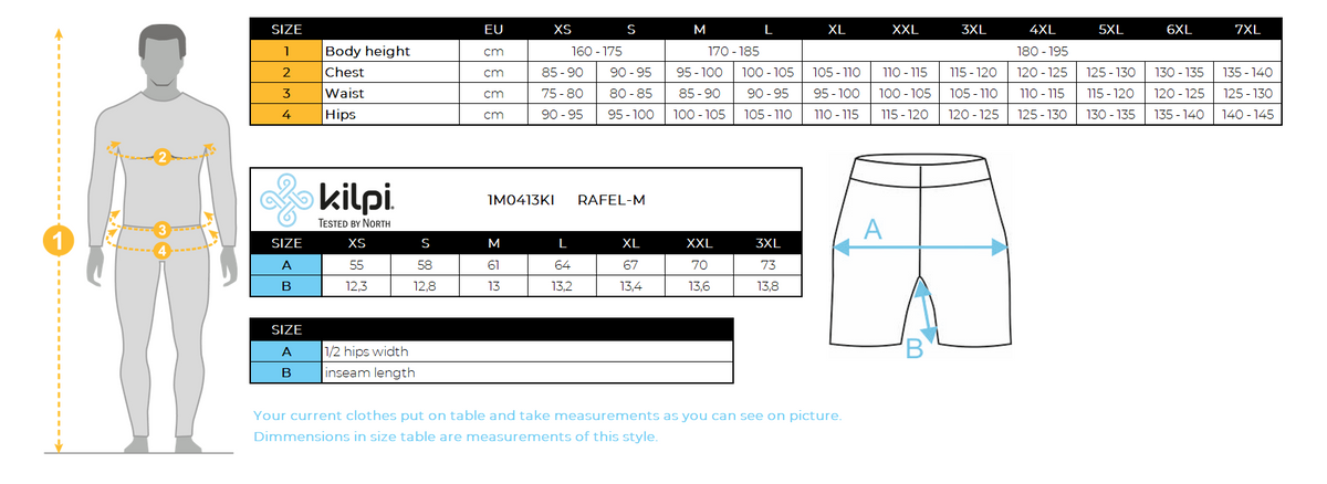 Men's running shorts Kilpi RAFEL-M – Size chart