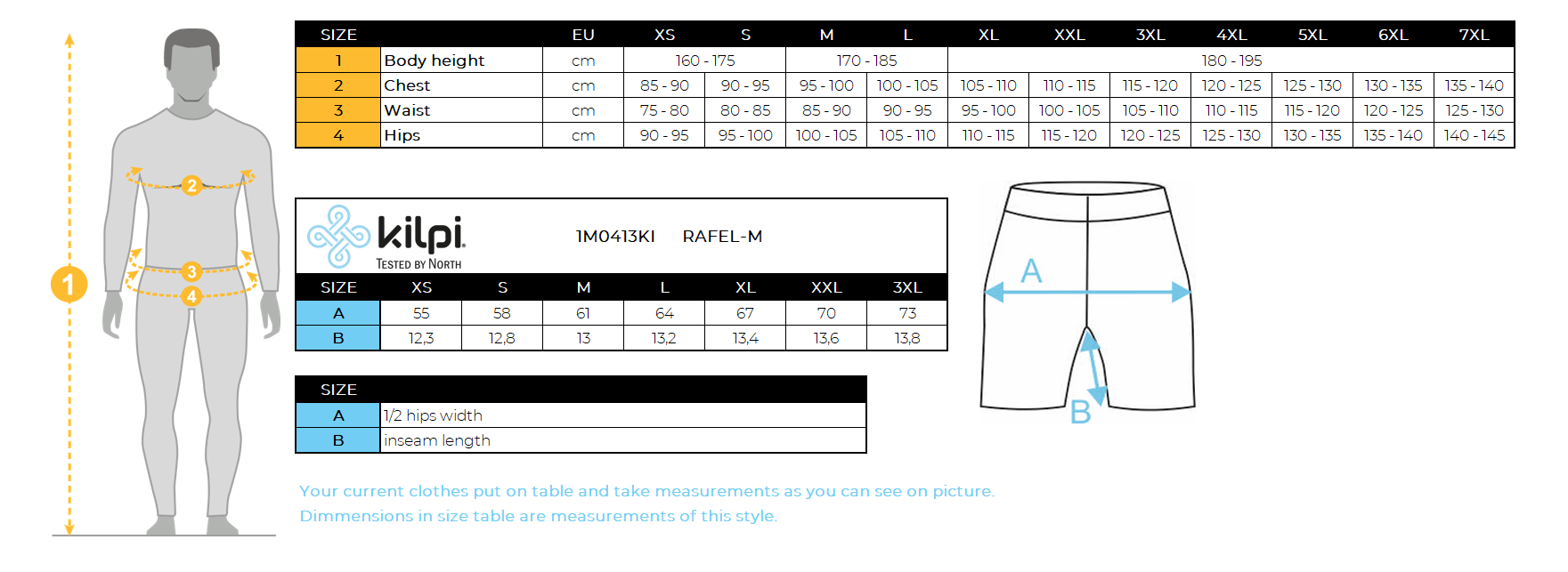 Men's running shorts Kilpi RAFEL-M – Size chart
