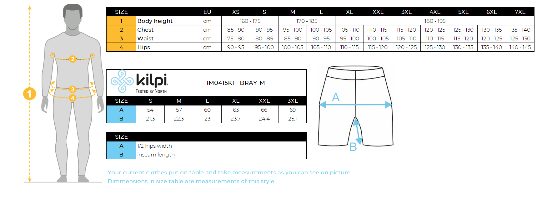 Men's fitness shorts Kilpi BRAY-M – Size chart